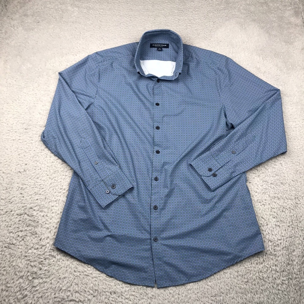 Mizzen Main Shirt Mens M Classic Fit Blue Geo Floral Print Performance Menswear